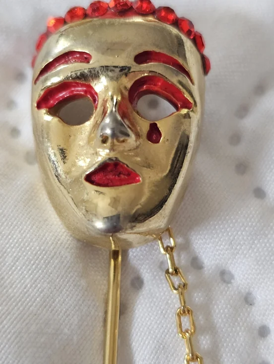 Vintage Gold Tone Comedy Tragedy Mask Stick Pin Red And Gold, 2.5" Theatercore - Picture 3 of 8